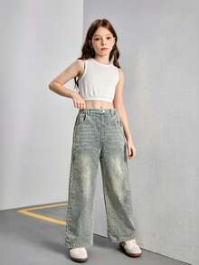 SHEIN Tween Girls Y2K 风格水洗蓝色宽松休闲牛仔裤，带有俏皮心形刺绣，适合日常穿着 - 淺色水洗藍 - 查看 7