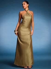 Normani Twist Front Halter Neck Satin Open Backless Loose Maxi Dress Sexy Ibiza Fits Spring Summer Vacation Beach Elegant Wedding Guest Holiday Fall Night Out Wedding Guest, Elegant Christmas, Halloween, Fall, Winter Christmas - Brown - View 8