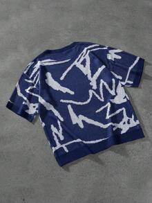 PAVTROS Men's Contrast Color Print Crew Neck Short Sleeve Knit Top - Navy Blue - View 2