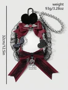 ROMWE Anime 1pc Y2K Goth Style Handmade Beaded Necklace With Silver CCB, Black & White Lace, Faux Fur, Red Ribbon Bow, Acrylic Wings, Liquid Chain, Leather Letters, Heart, White Acrylic Card Holder, Suitable For Students, Idol Fans, Women, Daily Wear, Holiday Gift - Black red - View 11