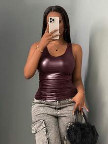 Slaydiva Women's Solid Color U-Neck Wide Strap Sleeveless Fitted Fashion Tank Top - Rust Brown - View 4