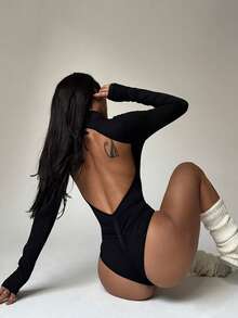 Slayform 女式休闲运动纯色露背连体裤 - 黑色 - 查看 4