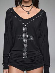 ROMWE Grunge Punk Y2K 朋克铆钉十字 V 领蝙蝠袖宽松女士 T 恤 - 黑色 - 查看 4