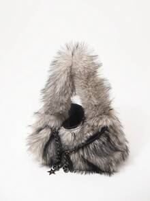 ROMWE Grunge Punk 2000s Style Women Shoulder Bags,Punk  Rivet Biker Bags,Fur Purse ,Autumn & Winter Wallets, Hobo Handbag(Random Pattern) , Goth - Black apricot - View 7