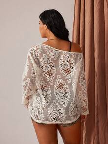 Rustia Women's Lace Knit Hollow Out Crochet Sheer Pullover Top - Apricot - View 2