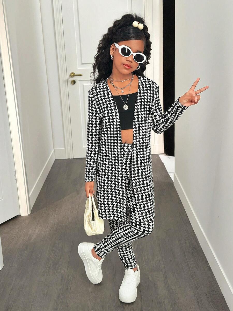 SHEIN Nova Glow Tween Girl NOVA Store, Casual Plaid Print Long Sleeve Cardigan Sweater & Leggings 2 Pieces Set - Black and White - View 1