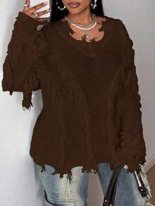SHEIN CURVE+ 大码女式纯色 Y2K 做旧 V 领落肩长袖流苏设计宽松时尚毛衣，适合日常穿着，秋冬季 - 棕色 - 查看 4