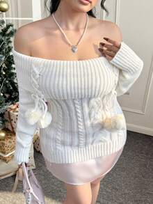CovetEZ 圣诞性感露肩长袖针织毛衣，甜美迷人，适合圣诞派对穿着，秋冬 - 白色 - 查看 5