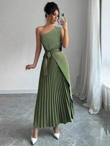 Firerie Women's Sage Green Oblique Collar Sleeveless Cinched Waist Pleated Hem Dress,Elegant Summer Wedding Guest Office Lady Dress, Boho Wedding Season - Green - View 4
