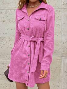 SHEIN LUNE Đầm sơ mi tay dài đơn sắc thiết kế thắt lưng eo đơn giản dành cho nữ - Màu Hồng Tươi - Xem 7