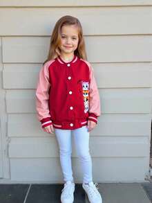 Elladie kids Áo khoác bóng chày Bomber cho bé gái hở phía trước dài tay họa tiết mèo hoạt hình dễ thương Áo thể thao thường ngày, thích hợp cho kỳ nghỉ, du lịch, dã ngoại, mùa xuân và mùa thu - Màu Hồng Tươi - Xem 2