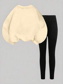 1 套年轻女孩休闲时尚简约豹纹蝴蝶结图案连帽衫和紧身裤套装，杏色，适合秋冬日常和学校服装 - 彩色 - 查看 2