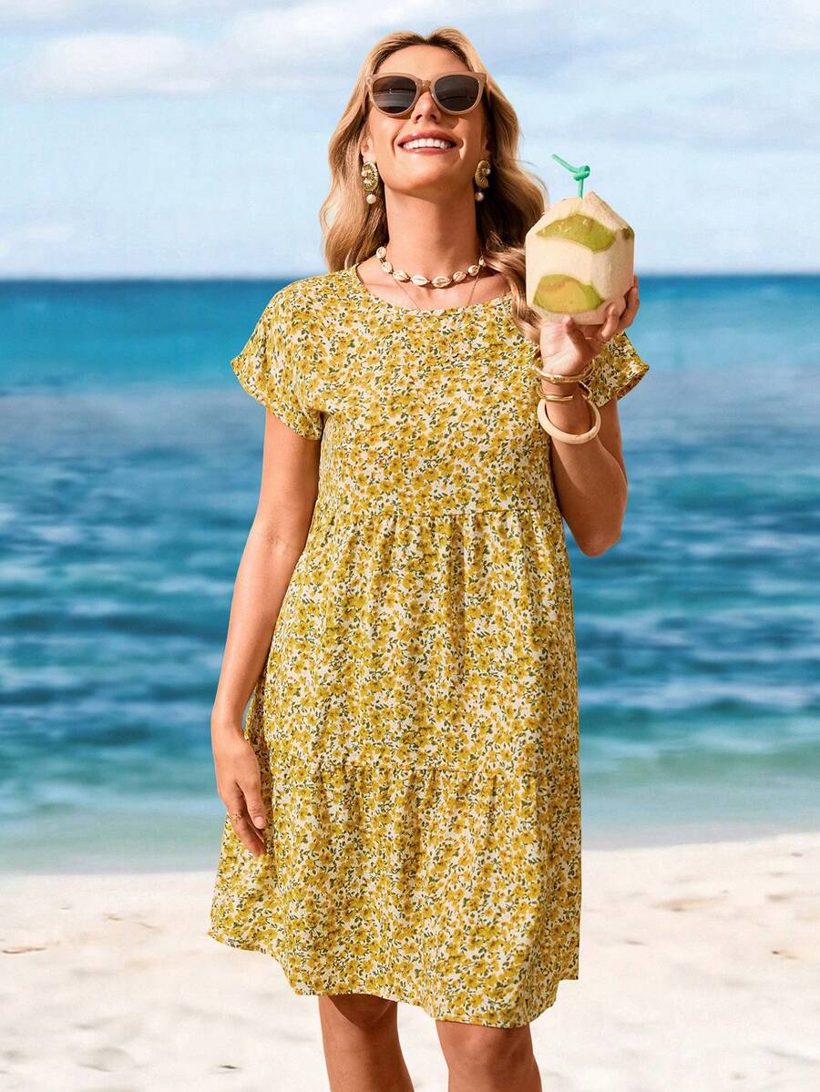 Sylviya 碎花蝙蝠袖娃娃裙