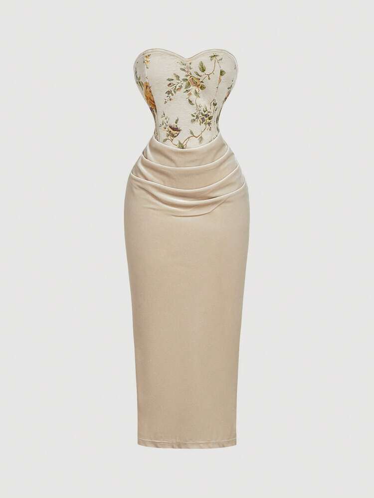 SHEIN MOD Women's Vintage Black Floral Jacquard Tube Dress, Champagne Strapless Bodycon Long Dress,Dresses For Women Elegant,New Year Dress ,Elegant Party Dresses - Apricot - View 1