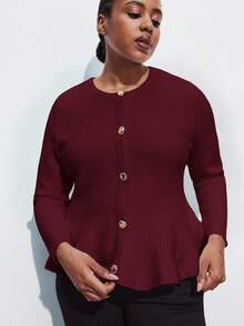 Maija 大码女式纯色圆领常规肩部长袖修身优雅毛衣，适合都市通勤、商务、休闲、圣诞节、新年派对/冬季穿着。 - 酒紅色 - 查看 7