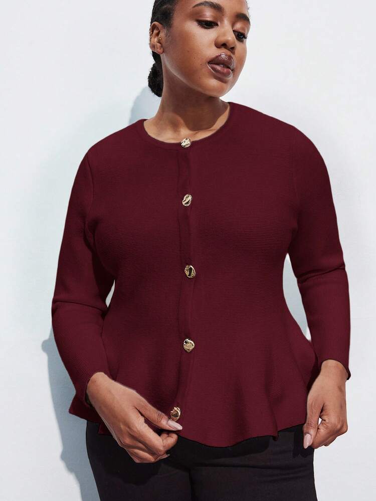 SHEIN Maija Plus Size Women Solid Color Round Neck Regular Shoulder Long Sleeve Fitted Elegant Sweater, Suitable For Urban Commute, Business, Casual, Christmas, New Year Party/Winter