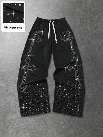 Street Life Men's Fashionable Cross Casual Drawstring Rhinestone Embellished Sweatpants