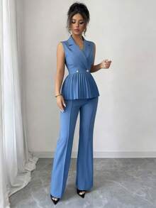 Elenzga 2件套优雅浪漫褶皱A字无袖女士西装套装 - 霧霾藍 - 查看 6