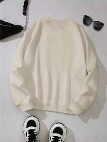 INAWLY Embroidered Coffee Graphic Crew Neck Sweatshirt For Women - Apricot - View 2