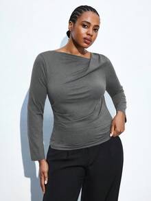 Maija Blusa de manga larga con diseño asimétrico y drapeado ajustado, para uso urbano, casual de oficina, elegante para fiestas de Navidad y Año Nuevo