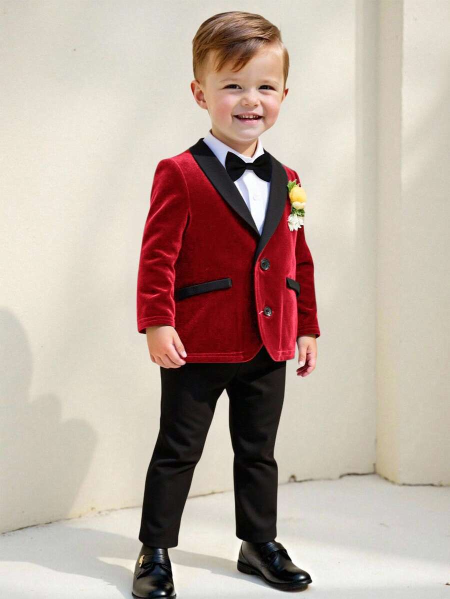 SHEIN Baby Boy Burgundy Velvet Blazer Jacket & Black Pants Outfit,Gentleman Suit For Wedding Guest,Formal,Summer,Black And White,Toddler Birthday Suit,2pcs - Red - View 1