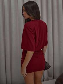 MSMUSERA Vestido camiseta con hombros cuadrados, ajuste holgado, detalle de anillo drapeado, estilo urbano, lindo, elegante, casual, sexy, para salir, - Burdeos - Ver 2
