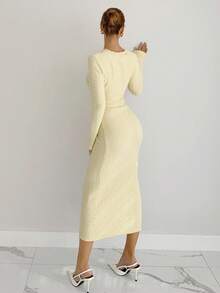 Siren Gaze Women's Soft Yellow Autumn Elegent Work Knit Dress,Round Neck Long Sleeve Metal Button Design Fitted Ribbed Dress,Solid Color Winter White Dress - White - View 3