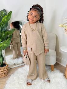 SHEIN NovaGlow Mädchen Lässig Strick Grau Langarm Top und Hose mit Gummibund Set, Herbst/Winter