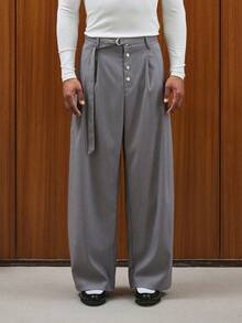 TOKVUE Men's Button Front Striped Pleated Wide Leg Loose Casual Pants - smoke gray - View 7