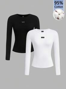 2pcs 95% Cotton Embroidered Letter Patch Casual Slim Fit Long Sleeve Crew Neck T-Shirt Set, Suitable For Autumn/Winter - Black and White - View 10