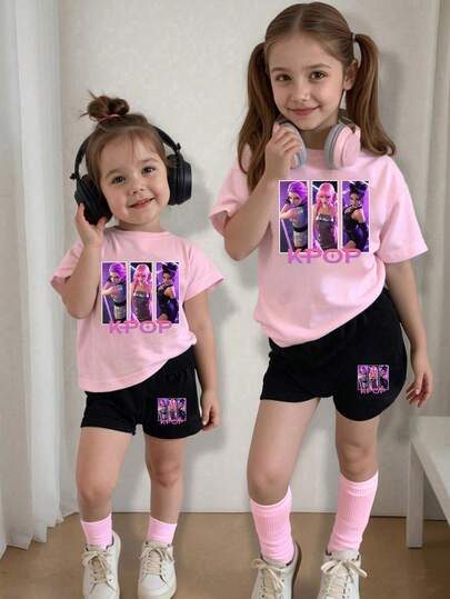 2pcs/Set Girls' Cartoon Print Round Neck Short Sleeve Top And Shorts Set