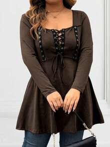SHEIN Áo thun tay dài cổ vuông thắt nơ phía trước thời trang thường ngày cỡ lớn dành cho nữ - màu nâu - Xem 3
