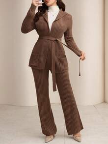 Modelyn 女士简约纯色系带长袖针织开衫和针织裤套装 - 駝色 - 查看 7