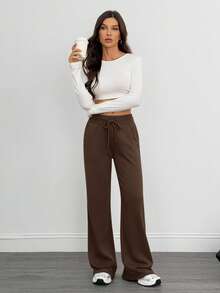 SHEIN Tall 舒适休闲纯色针织低腰阔腿女运动长裤秋冬保暖加绒 - 咖啡棕 - 查看 4