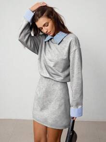 Hanevo Collared Striped Patchwork Long Sleeve Casual Sports College Style Dress For Women - Grey - View 5