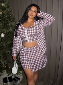 Firerie Plus Size Women 3 Pieces Set,White Plaid Long Sleeve Jacket,Zipper Cami Top,Layered Pants,Elegant,Autumn Outfit For Bachelorette Party,Night Out Club - Multicolor - View 8