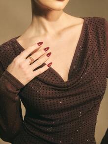 Poéselle 棕色水钻高领网纱上衣 – 闪亮长袖派对上衣，棕色，适合假日和夜间外出造型，2025年假日派对新年夜上衣，闪亮鸡尾酒会上衣，夜间外出 - 棕色 - 查看 3