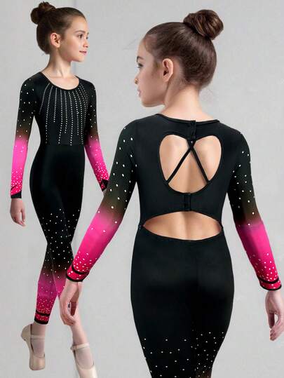 SHEIN Tween Girl Casual Sports Gymnastics Yoga High Stretch Faux Rhinestone Tie-Dye Print Backless Hollow Out Jumpsuit Suitable For New Year, Daily, Celebration, Autumn & Winter Outfits For Easy Comfort, Autumn & Winter Layers For Girls, Stylish Girls