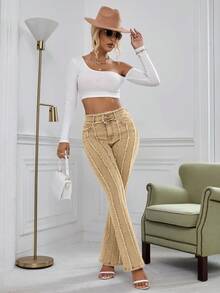 SHEIN Essnce 女式休闲街头风牛仔裤，带口袋 - 卡其色 - 查看 3