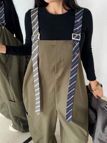 Vibekara 大码女式条纹工装裤，撞色口袋，休闲街头风格，适合度假、约会、派对、秋冬 - 軍綠色 - 查看 5