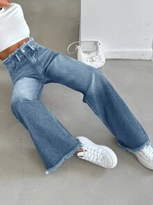 EURMUSE 小码高腰直筒蓝色雪洗毛边腰带细节休闲风纽扣牛仔裤 - 中等水洗藍 - 查看 2