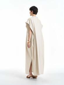 Aalyst Đầm dài cổ tròn hở phía trước đơn giản, chất lượng cao, mặc đi nghỉ/đi làm, đơn giản, màu trơn, thoải mái, mùa hè - Màu be - Xem 7