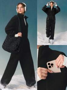 GLOWMODE Skiing Collection Cloud Fleece Slope Chaser Cozy Plush Pockets Elastic Waistband Relaxed Fit Half-Zip Jumpsuit Outdoors - Black - View 9