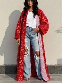 INAWLY 1pc Plus Size Long Sleeve Cardigan - Polyester Fashionable & Versatile Long Coat, All-Over Printed, Casual & Loose Fit, Suitable For All Seasons Winter Fall Autumn - Red - View 1