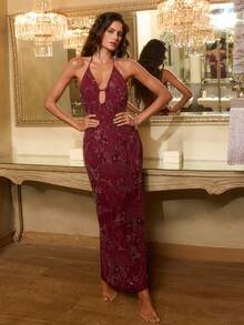 Opulessa 女式纯色梭织露背吊带连衣裙 - 酒紅色 - 查看 2