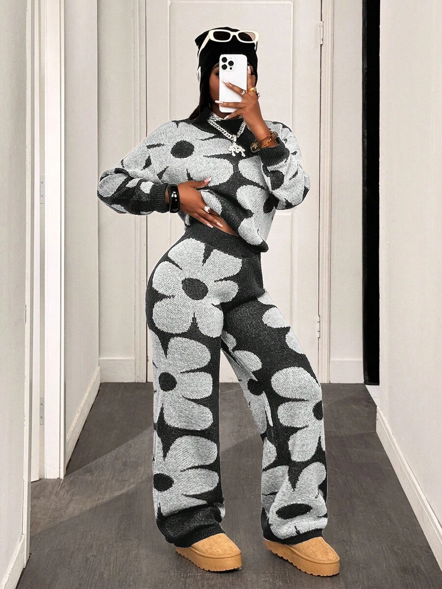 BamGleam 女士花卉图案落肩长袖毛衣和阔腿裤休闲套装，秋冬 - 灰色 - 查看 1