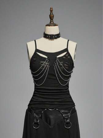 Grunge Punk Body de diseño plisado con cadena punk en color negro
