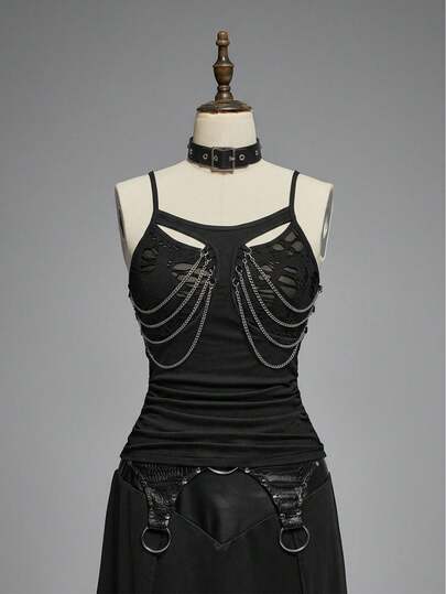 Grunge Punk Black Punk Chain Pleated Design Bodysuit