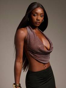 Hauture Sexy Glitter Rhinestone Backless Cowl Halter Top – Elegant Night Out & Party Bodycon Top - Brown - View 1