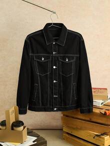 Open Phase Men's Fashionable Casual Street Style Denim Jacket, Versatile Young Streetwear College Jacket, Fall - Black - View 6